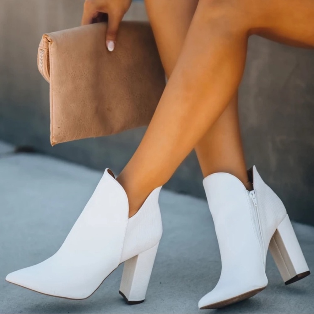 White block heel ankle booties with side zipper